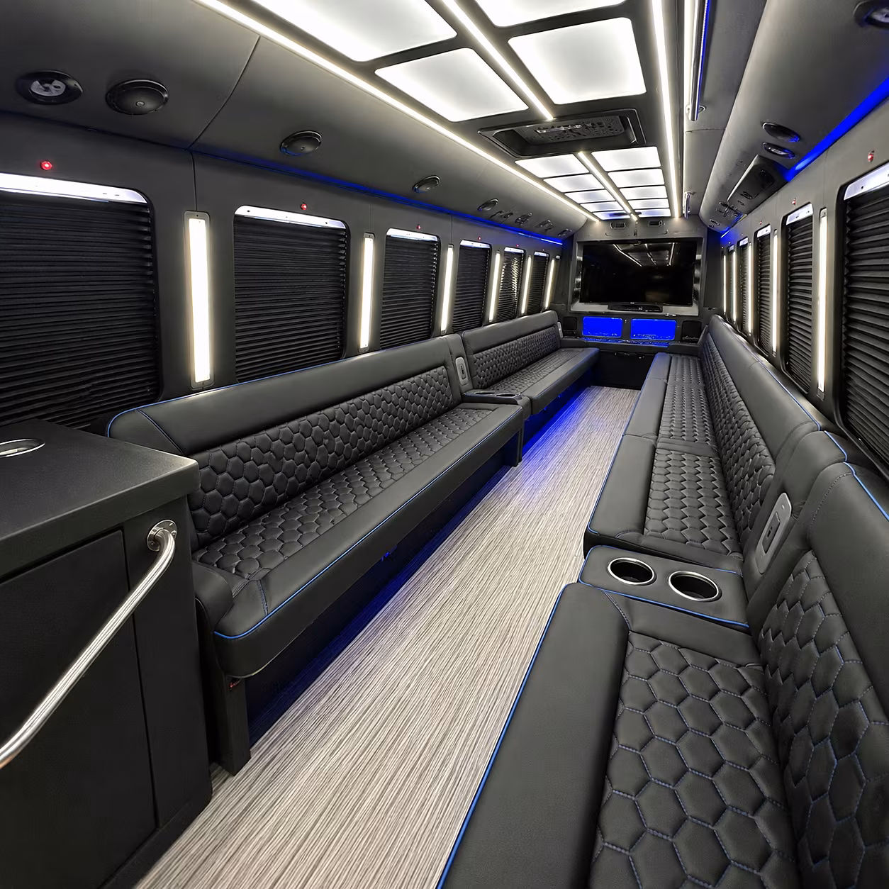 Interior of a party bus rental serving Lowell